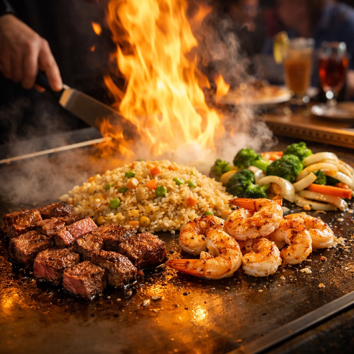 Hibachi steak, shrimp, fried rice, and vegetables cooked on the grill