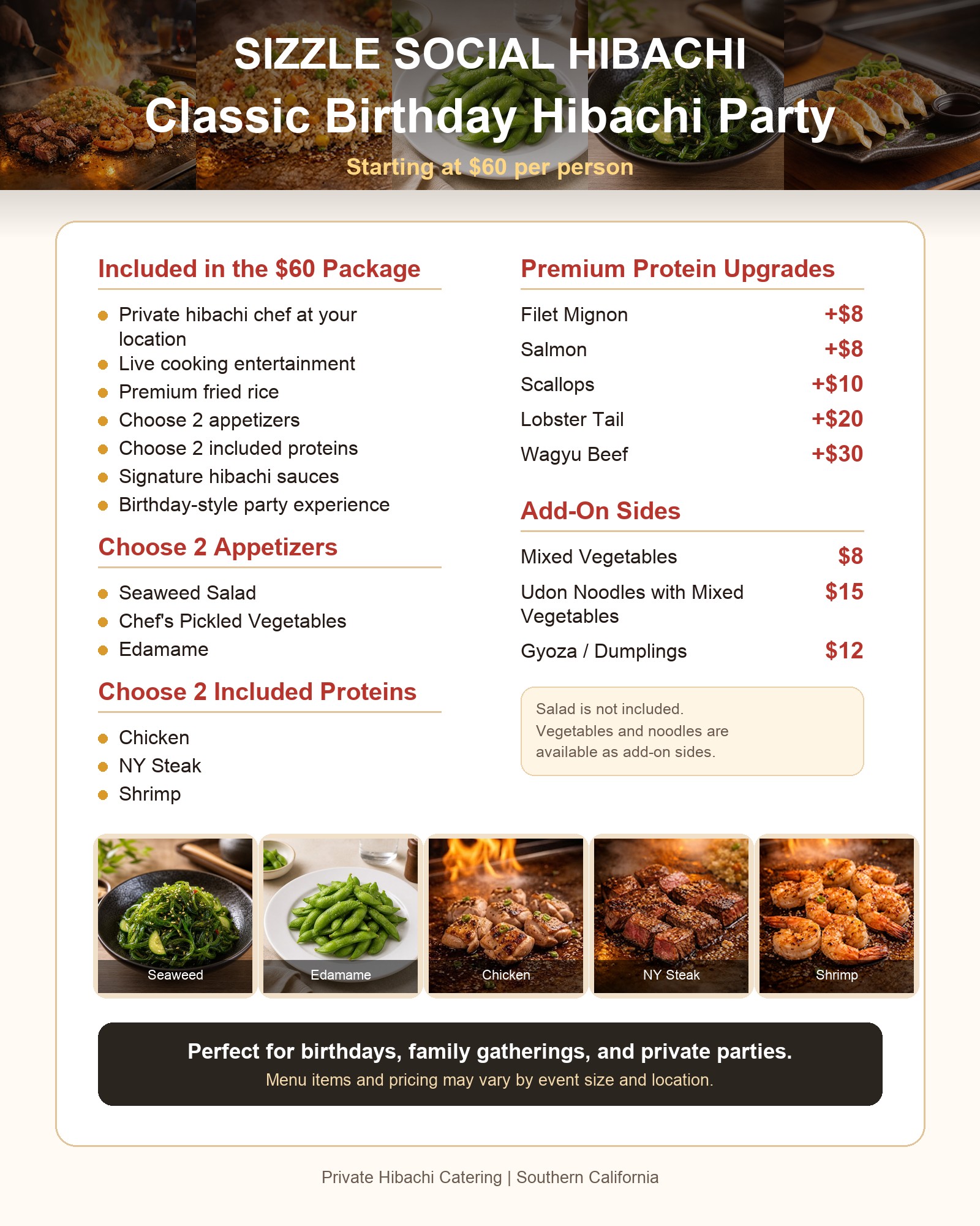 Sizzle Social Hibachi menu and upgrade options