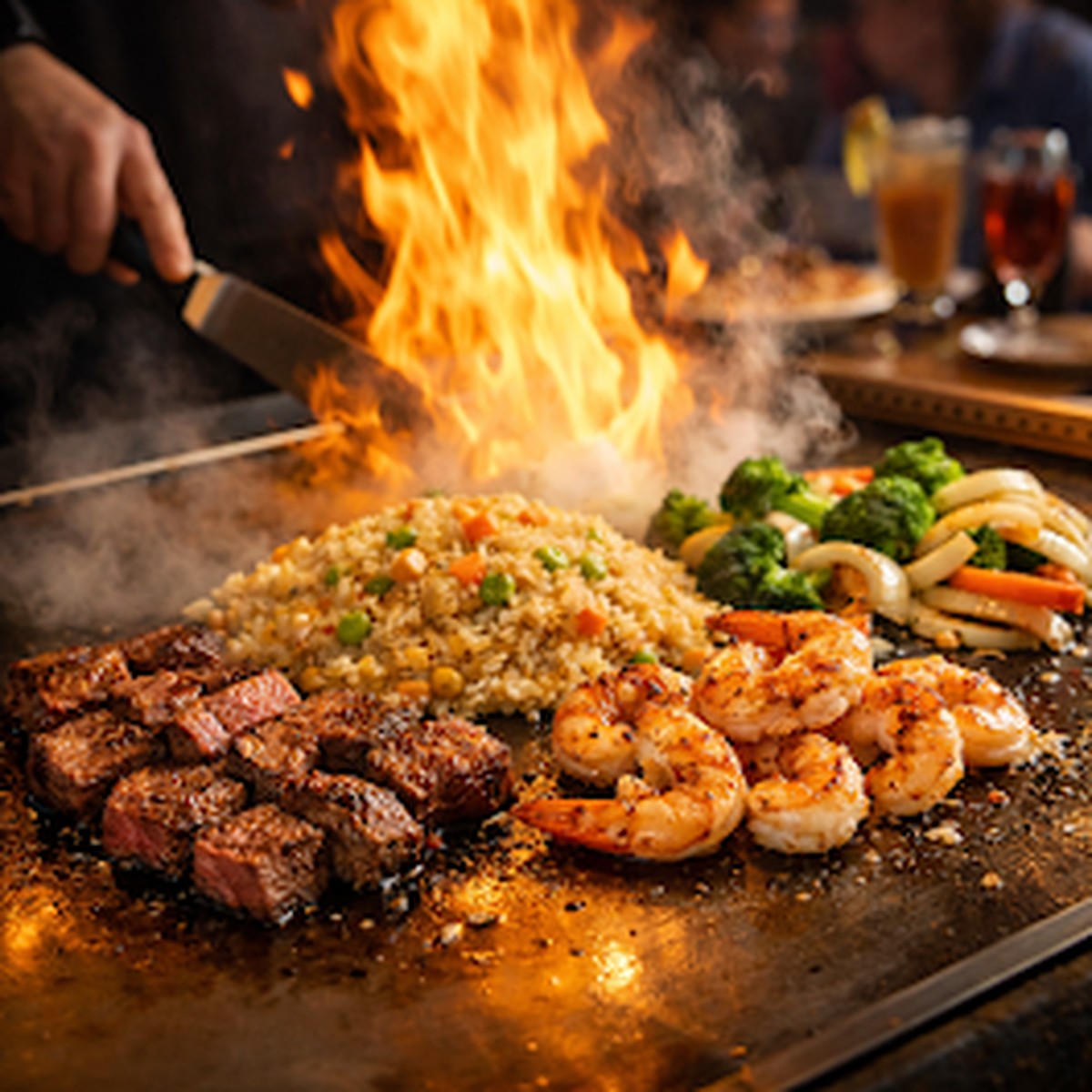 Hibachi steak, shrimp, fried rice, and vegetables on the grill