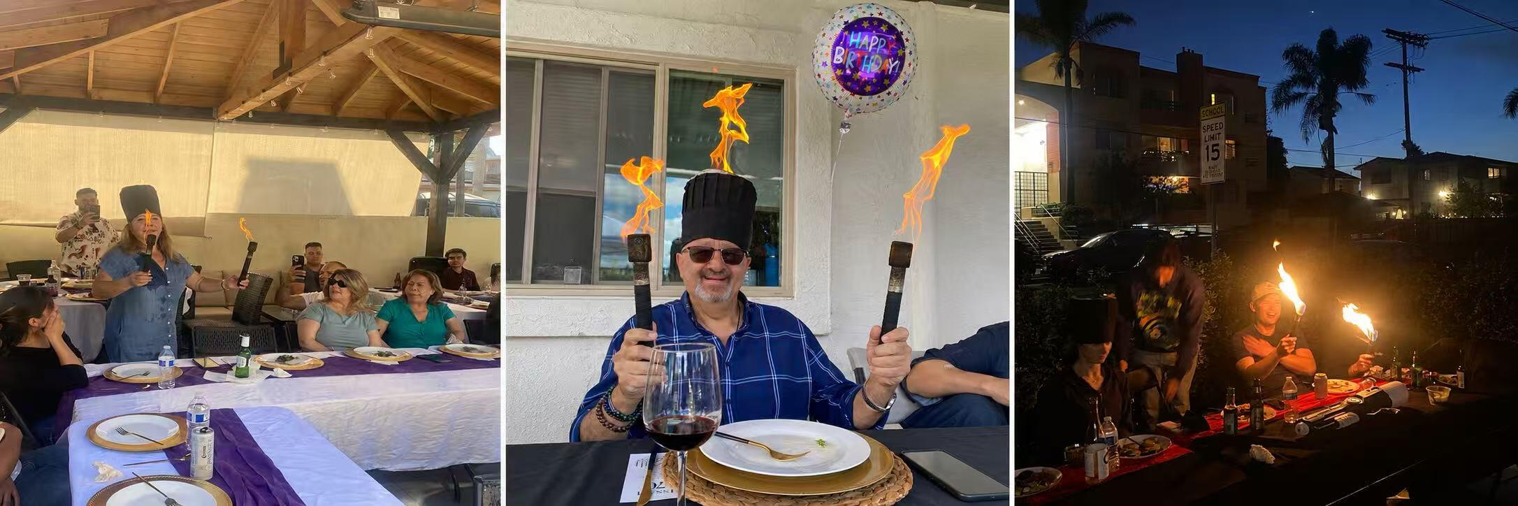 Birthday hibachi fire show collage with guests and happy birthday balloon