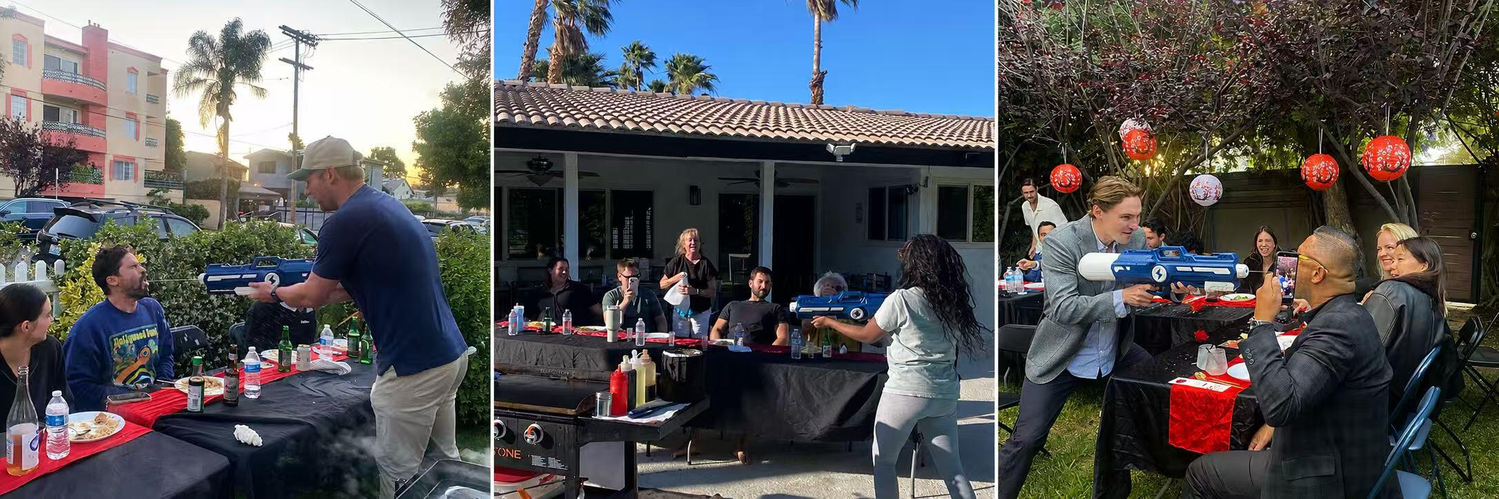 Hibachi party guests playing and interacting at a backyard table