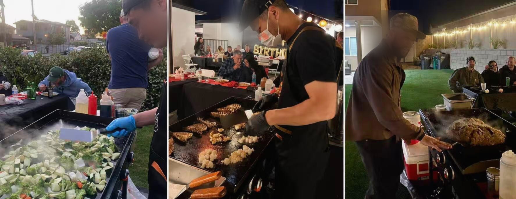 Private hibachi chef cooking lobster and seafood at a birthday party